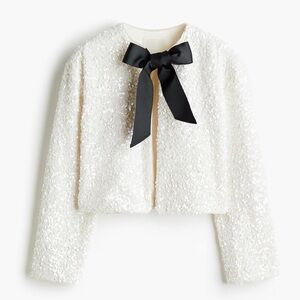 H&M NWT white sequin embellished black bow front ribbon jacket cardigan